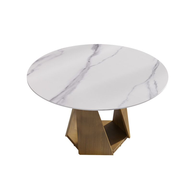 Table de salle à manger ronde en pierre frittée pour 6 à 8 personnes, H 29,53 po x l 53,15 po x P 53,15 po, Blanc, Brun