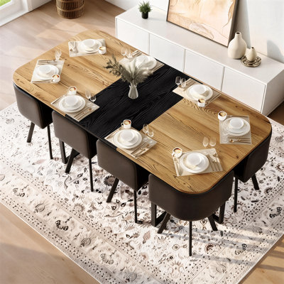 A 9-Piece Square Dining Table And Chair Set With A Two-Tone Wood Grain Tabletop And 8 Black Leather Chairs, Ideal For Family Gatherings Of Up To 8 People.
