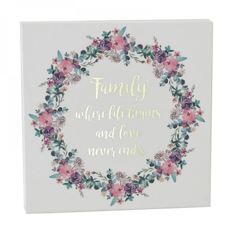Couronne florale avec texte - «Family Where Life Begins And Love Never Ends Block»