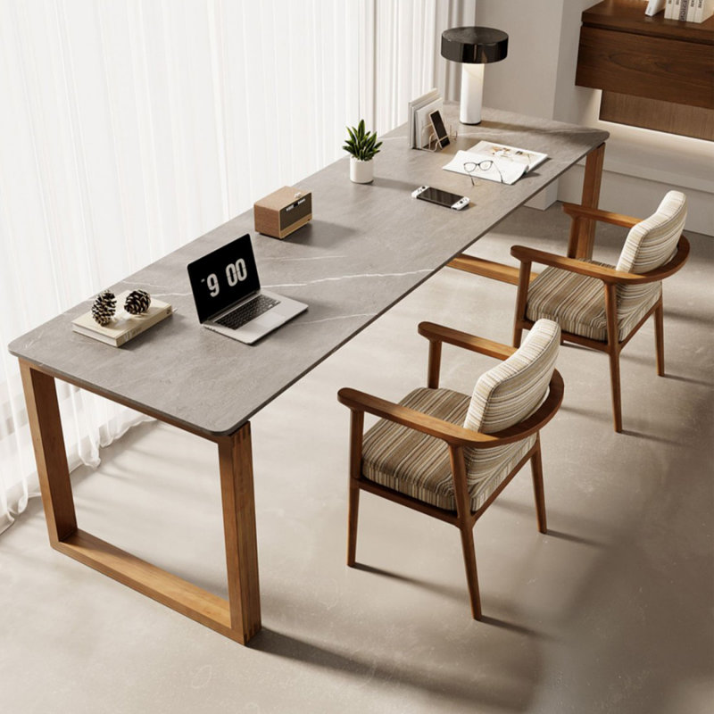 Brown Rectangular Sintered Stone + Solid Wood desk, 29.53" H x 86.61" W x 23.62" D