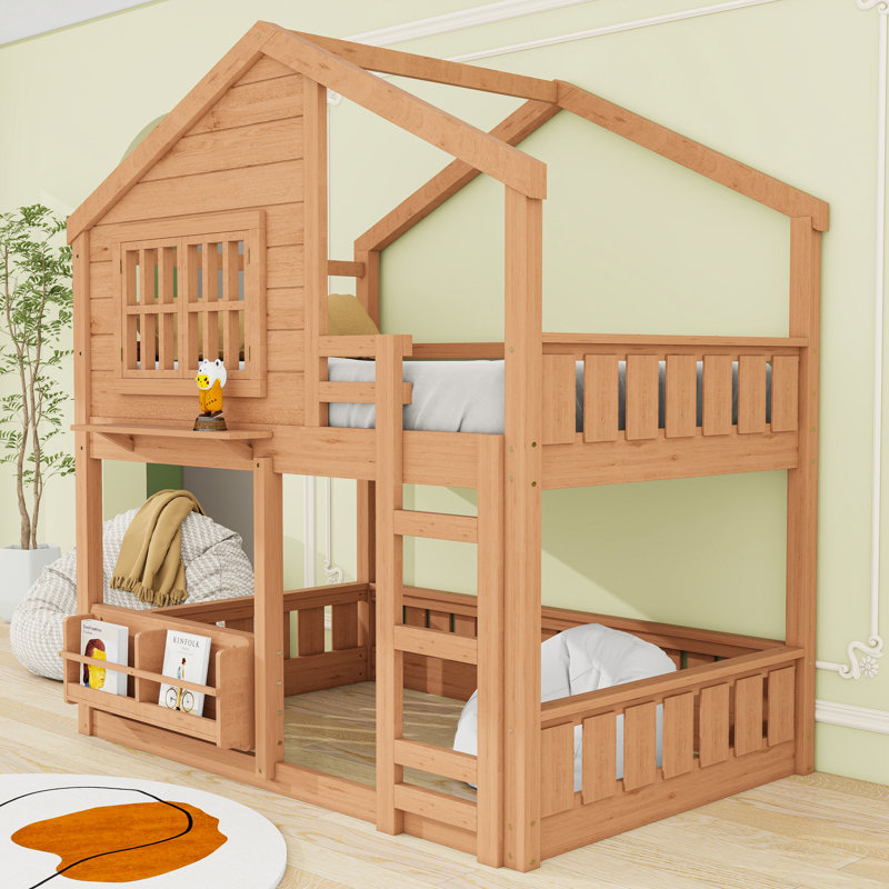 Wood House Bunk Bed with Ladder, Full over Full
