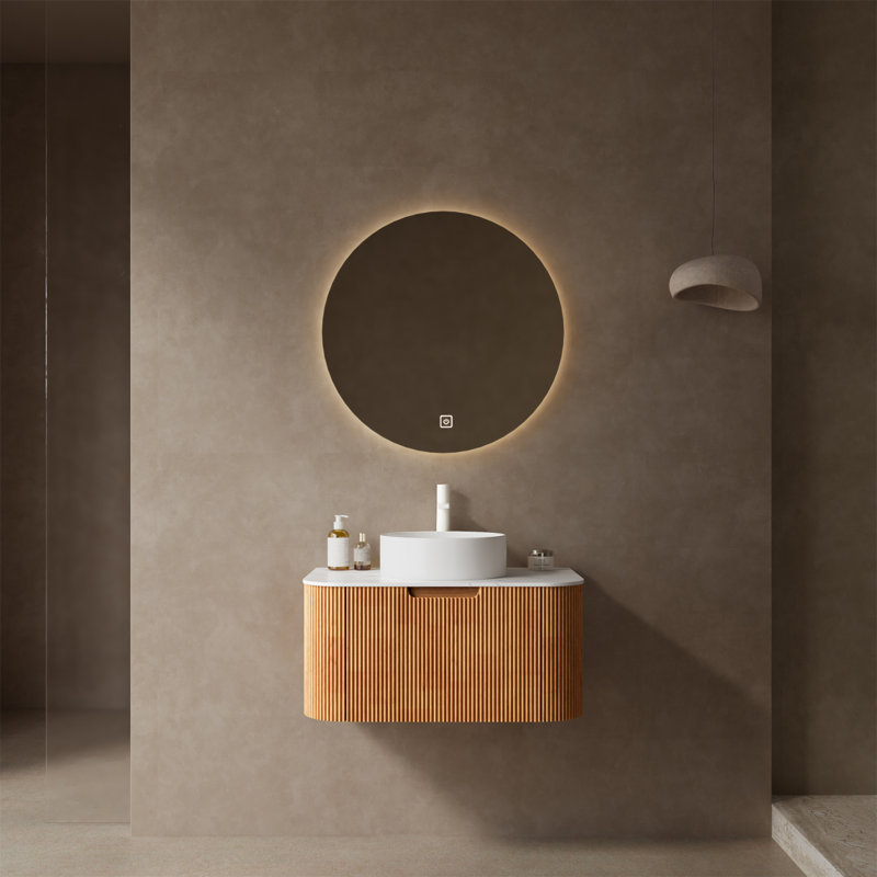 Meuble-lavabo mural moderne avec caractéristiques haut de gamme et design élégant, Bois naturel / blanc