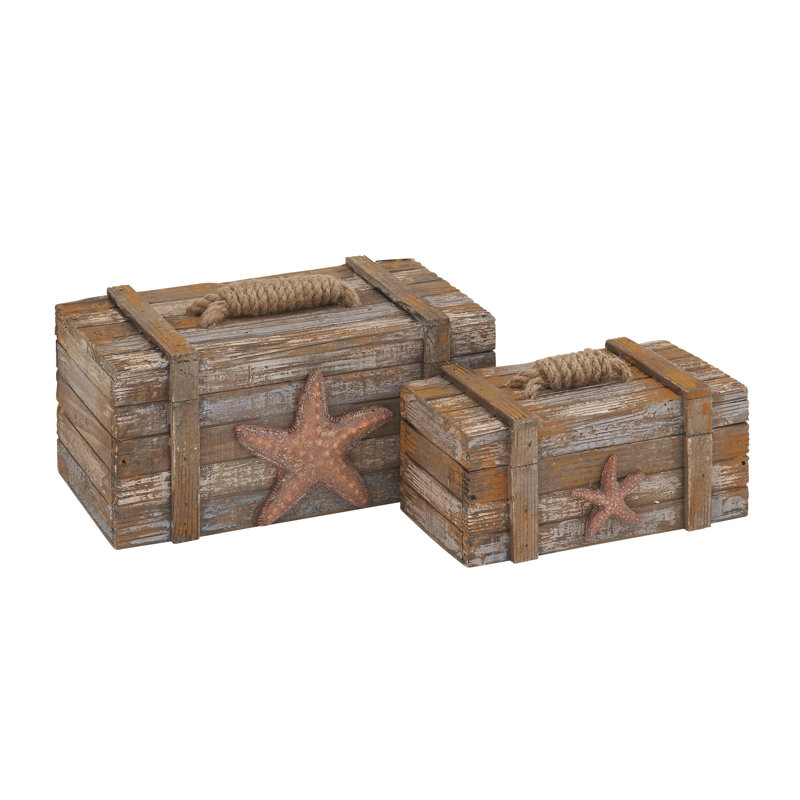 Wood Handmade Distressed Starfish Decorative Brown Box with Knotted Rope Details Set