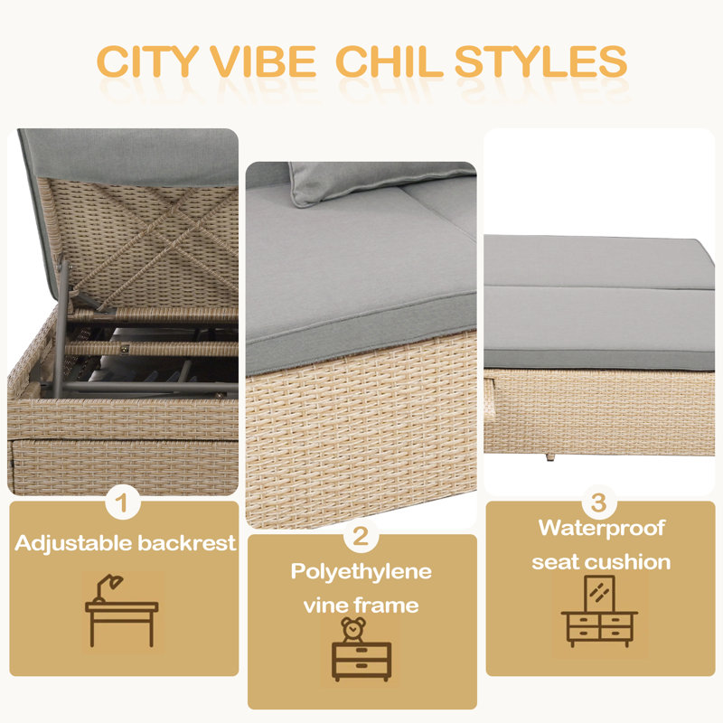 Outdoor Double Sunbed, Wicker Rattan Patio Reclining Chairs With Adjustable Backrest And Seat, Brown