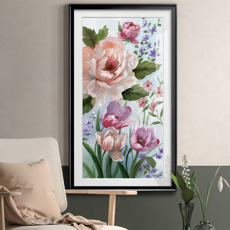 «Romantic Botanical I», reproduction d'art graphique sur papier encadré, Cadre noir, H 10,5 po x l 18,5 po x P 1,5 po