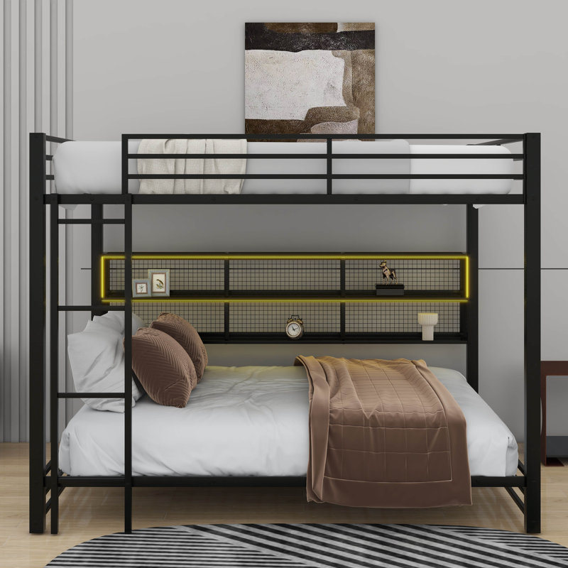 Metal Queen Over Queen Bunk Bed With Storage Cabinets And LED