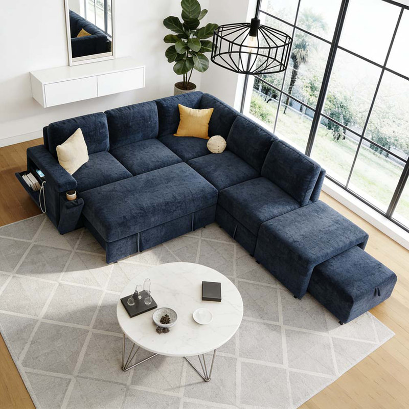 Canapé modulaire rembourré en L avec espace de rangement, Bleu
