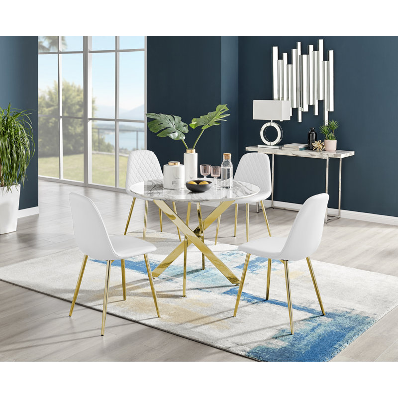 Tierra Modern Chrome Metal & Glass Round Dining Table Set with 4 Luxury Faux Leather Chairs, White
