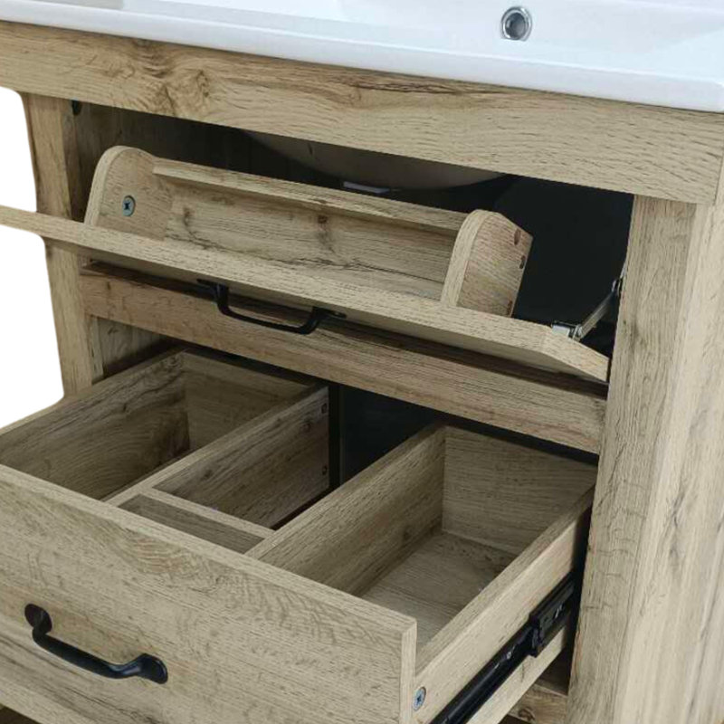 Donovan Vanity With White Sink 1 Pull Down And 2 Drawers Light Oak, 61 cm