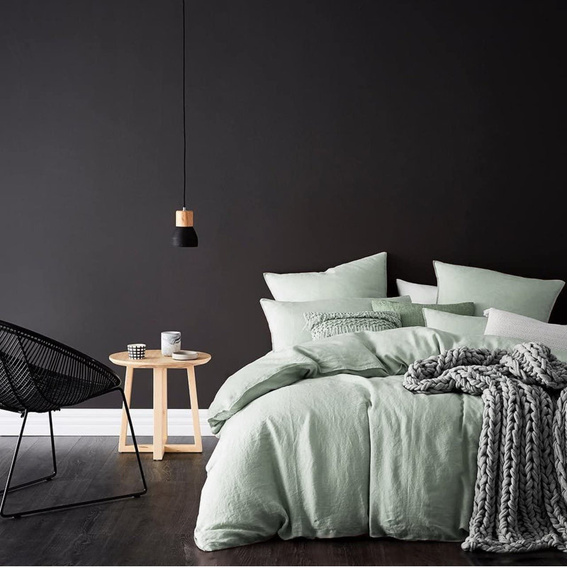 Stonewashed Cotton Solid Color Duvet Cover Set, Green, King Duvet Cover + 2 King Shams