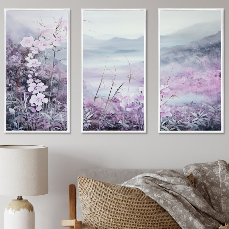 Japon, bambou par la montagne II, ensemble d'art mural sur toile fleurs, Cadre flottant blanc, H 40 po x l 60 po x P 1 po