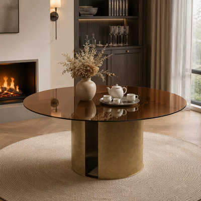 Table de salle à manger ronde de 59 pouces, table de salle à manger en verre brun foncé, avec base en acier au carbone cuivré antique, convient à la cuisine familiale et au salon