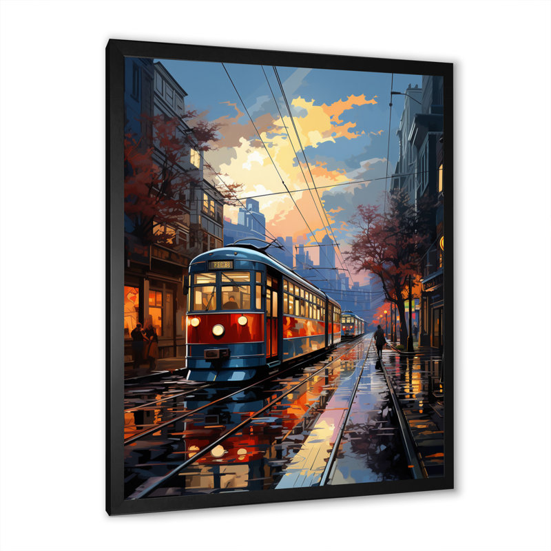 City trains at Night sur impression sur toile, H 44 po x l 34 po x P 1,5 po, Cadre photo noir