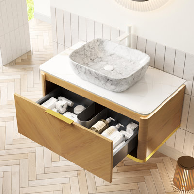 Meuble-lavabo flottant 36 po avec tiroir en sergé, éclairage à détection automatique, comptoir en pierre frittée et lavabo vasque, poignées dorées exquises, grand espace de rangement à DEL