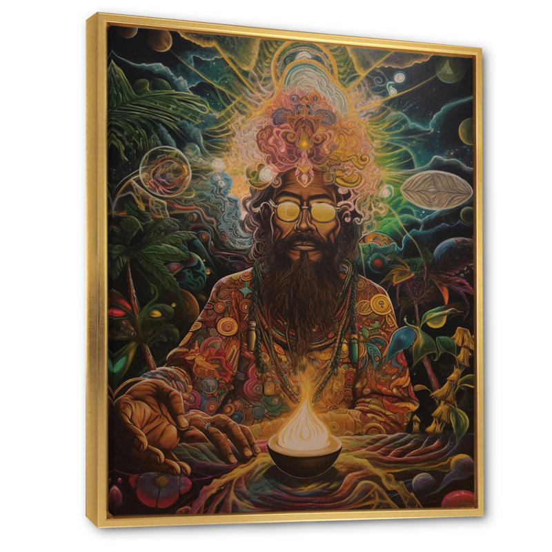 Chaman contemporain Amazon Sagesse sur toile, Cadre flottant doré, 44" H x 34" W