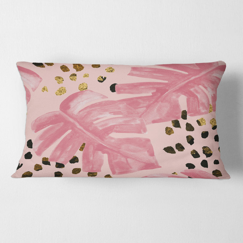 Rectangle, rose Monstera sur les coups de pinceau rugueux I - coussin décoratif imprimé tropical