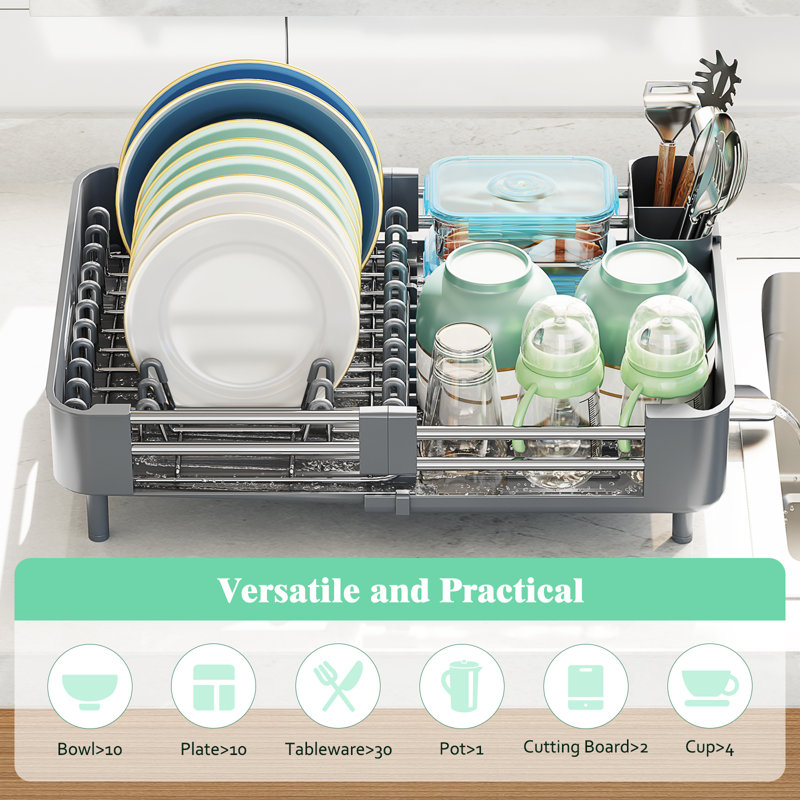 Gray Extendable Stainless Steel Dish Rack with Utensil Cup
