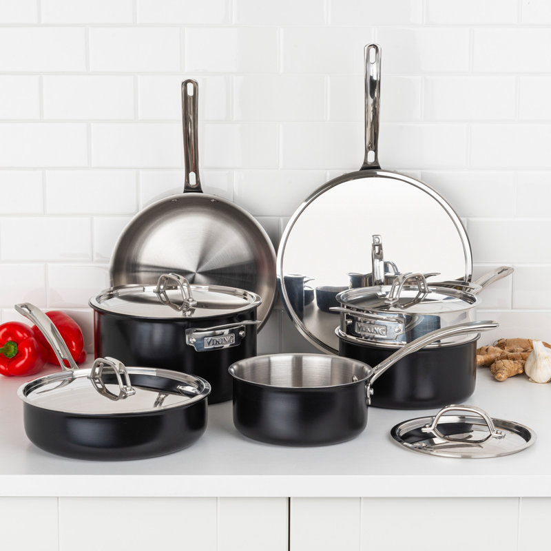 Viking 12pc Cast Black 3-Ply Stainess Steel Cookware Set with Metal Lids