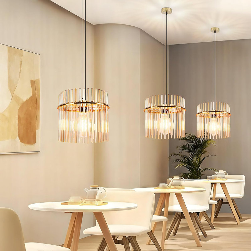 1-Light Cylindrical Glass Kitchen Island Pendant, Gold