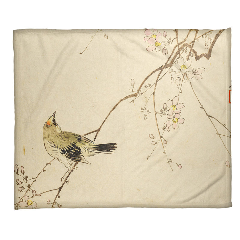  Jeté en molleton vintage japonais avec fleurs et oiseaux, Jaune