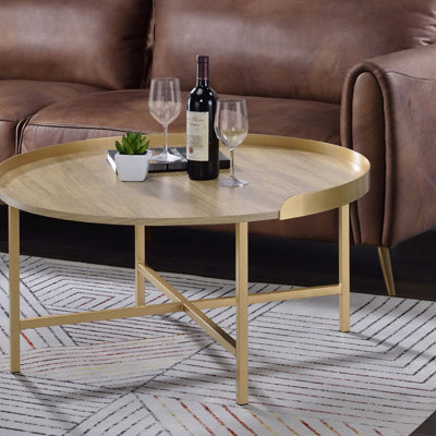 Table basse à plateau rond en chêne et or avec base en métal à barre transversale, 0,75 po d'épaisseur, 34 po de profondeur, largeur, 18 po d'épaisseur, 34 po 18 po