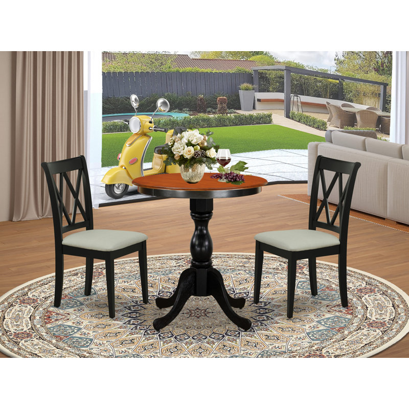 3 Piece Dining Room Table Set Contains a Round Kitchen Table with Pedestal and 2 Linen Fabric Upholstered Dining Chairs, 30x30 Inch, Black & Cherry