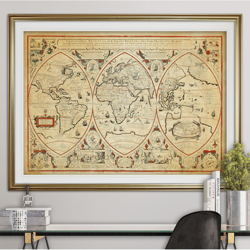 « rétro carte du monde iii », impression, H 28 po x l 38 po x P 1,5 po, Cadre doré