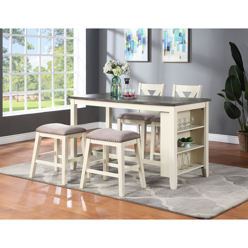Table à manger à hauteur de comptoir de 2 tabourets hauts contemporains en bois massif avec coussin en mousse pour siège et pieds crème