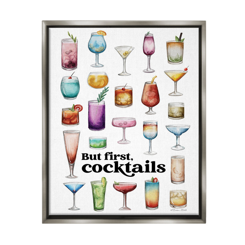 "But First Cocktail" par Susan Ball sur toile, Cadre flottant gris lustré, H 21 po x l 17 po