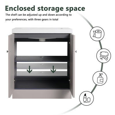 Meuble-lavabo autoportant de 30 po avec lavabo en résine et 2 portes d'armoire à fermeture en douceur (emballage KD)