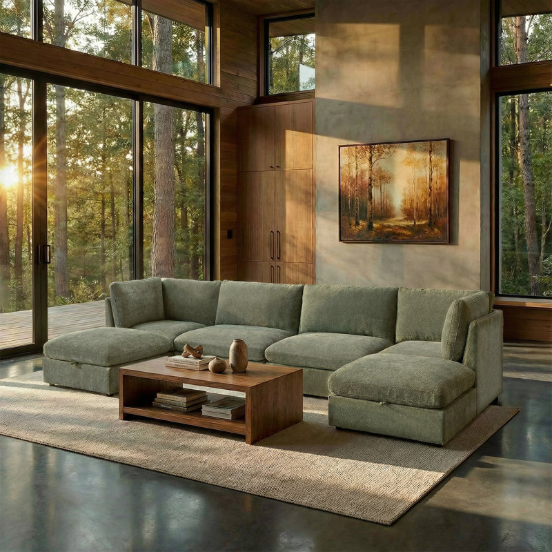Parkton 6 Piece Chenille Upholstered Sectional Sofa,  U-shaped Modular Couch Sofa with 2 Storage Ottoman
