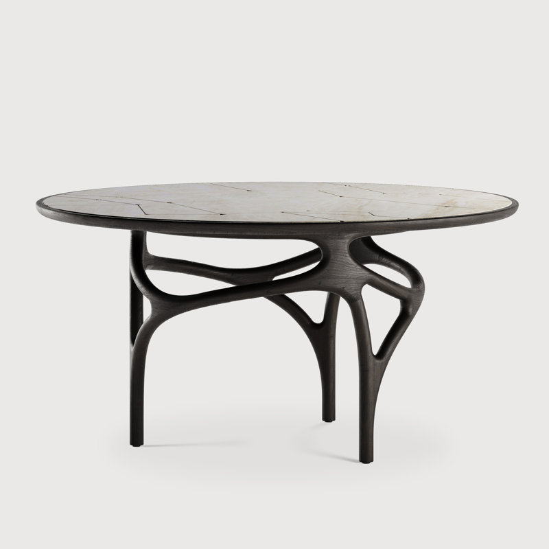 Cena dining table - varnished teak - dark brown - engraved beige quartzite top - round, White/Brown