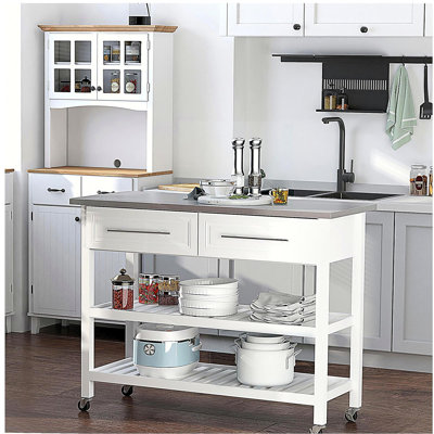 Îlot de cuisine en acier inoxydable avec tablettes ouvertes et tiroirs, gris
