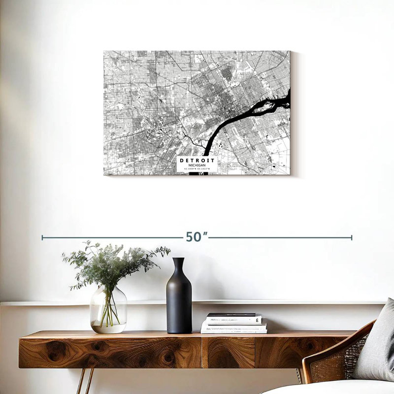 Aliaz White Urban Detroit Map, 20" H x 30" W