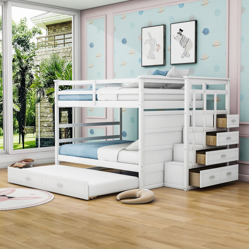 Jarron Full over Full Bunk Bed with Built-In Stairs , Trundle Bed Included, Twin over Twin, White