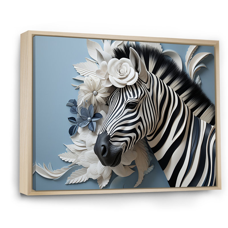 Zèbre noir et bleu de couleur pop III sur toile, Cadre naturel flottant, H 16 po x l 32 po x P 1 po