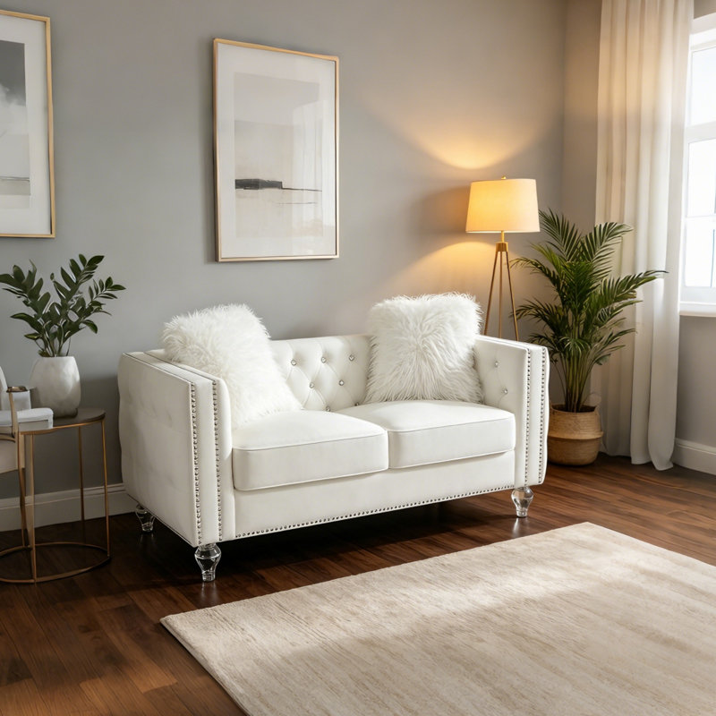 Causeuse rembourrée 60 po en velours avec 2 coussins décoratifs 60 po, Beige