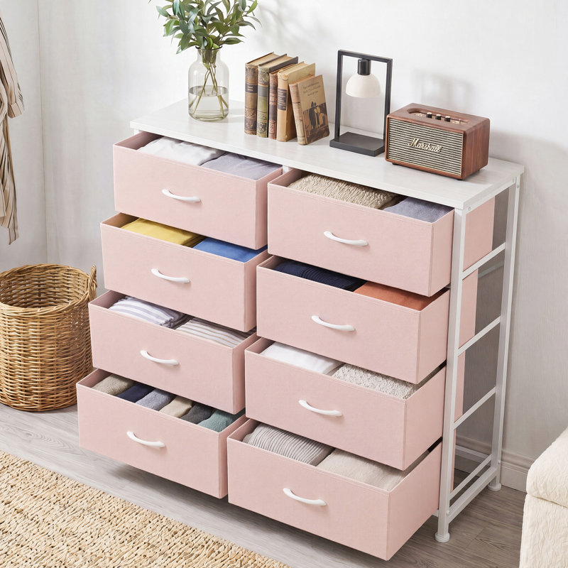 Commode de chambre à coucher avec commode haute 8 tiroirs, Rose