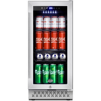 15 Inch Beverage Refrigerator, 130 Cans Quiet Beverage Fridge, 15'' Beverage Cooler Under Counter With Glass Door And Lock For Built-In Or Freestanding With Temperature Memory Function