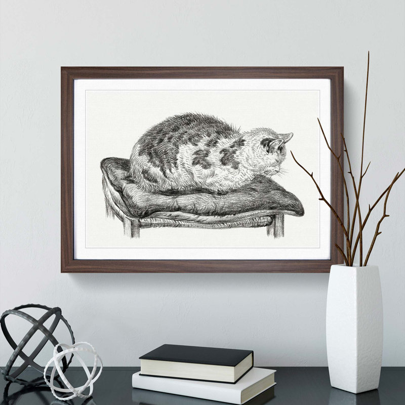 Cat upon a Cushion by Jean Bernard - Picture Frame Drawing Print, 27cm H x 36cm W x 2cm D, Walnut Framed