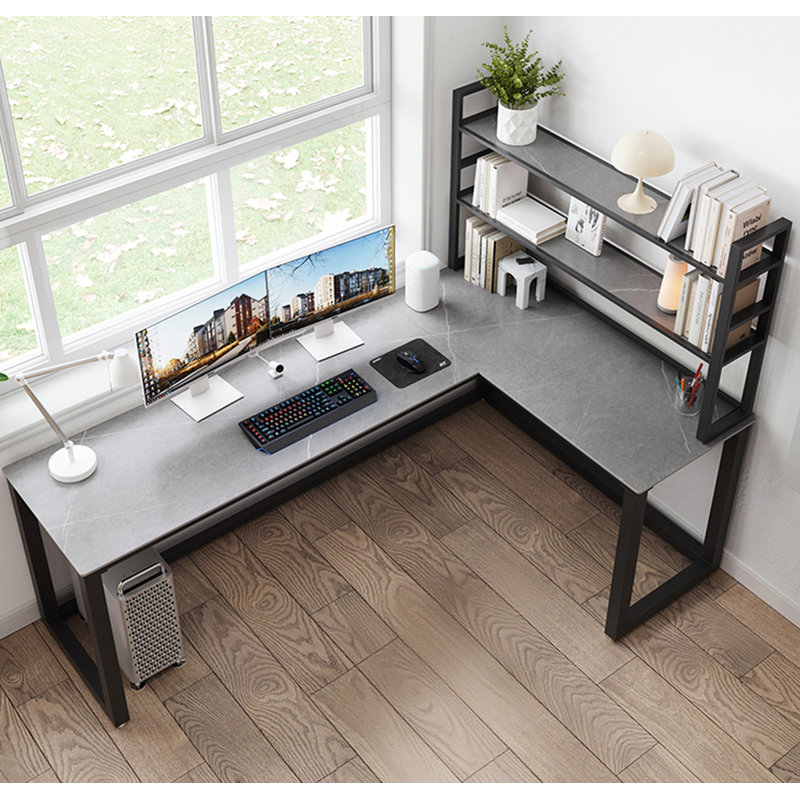 L-Shaped Sintered Stone Tabletop Desk with Shelf, 61.02" H x 55.12" W x 39.37" D