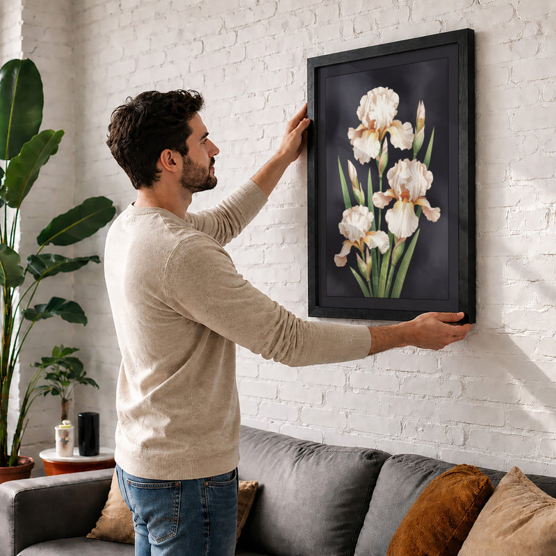 Three Pale Iris Botanical - Framed Print, A1 - 84.1 x 59.4 cm, Oak