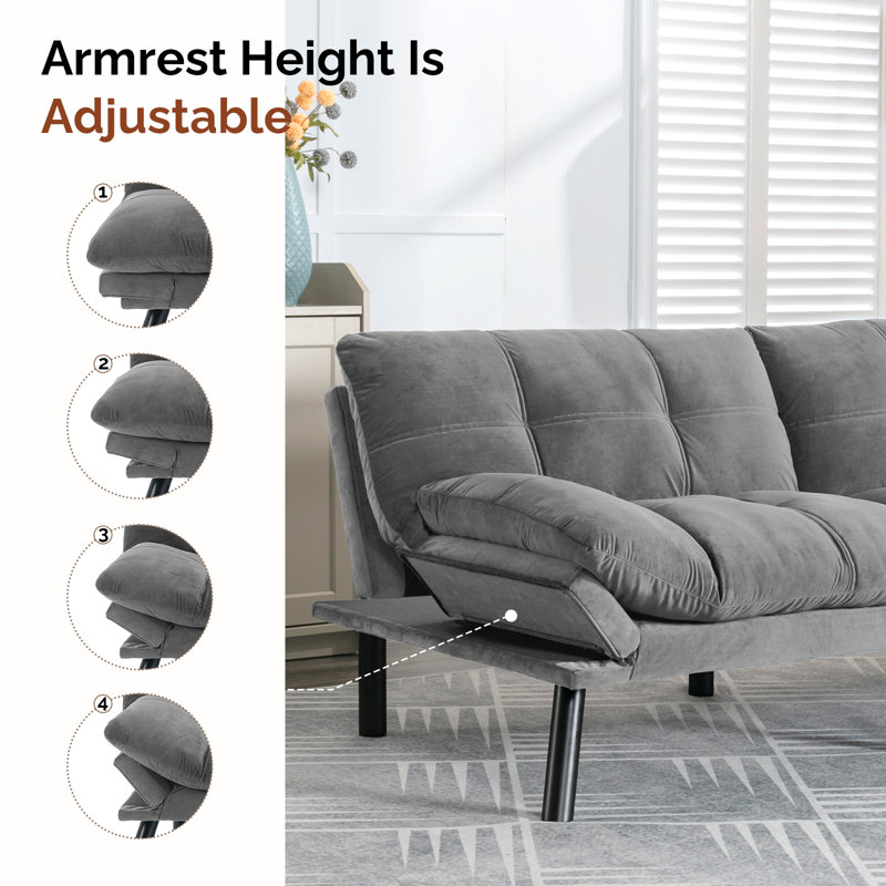 Convertible Folding Modern Sofa Bed, Light Gray Velvet, 29.13'' H x 70.87'' W x 38.6'' D