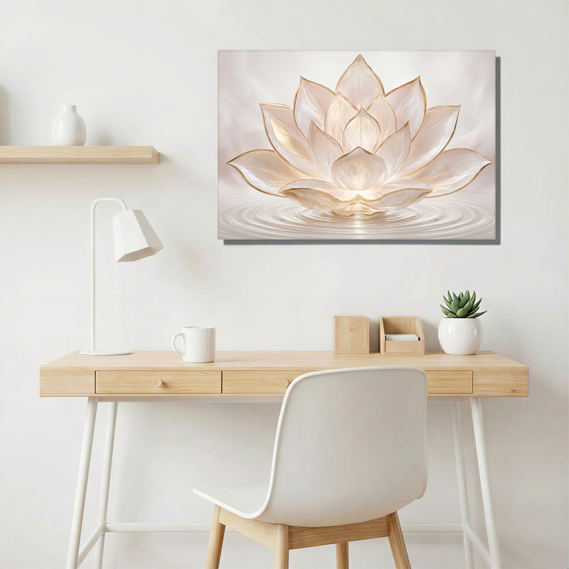 Tableau sur toile représentant une fleur de lotus translucide et lumineuse aux contours dorés, 24"H x 36"W