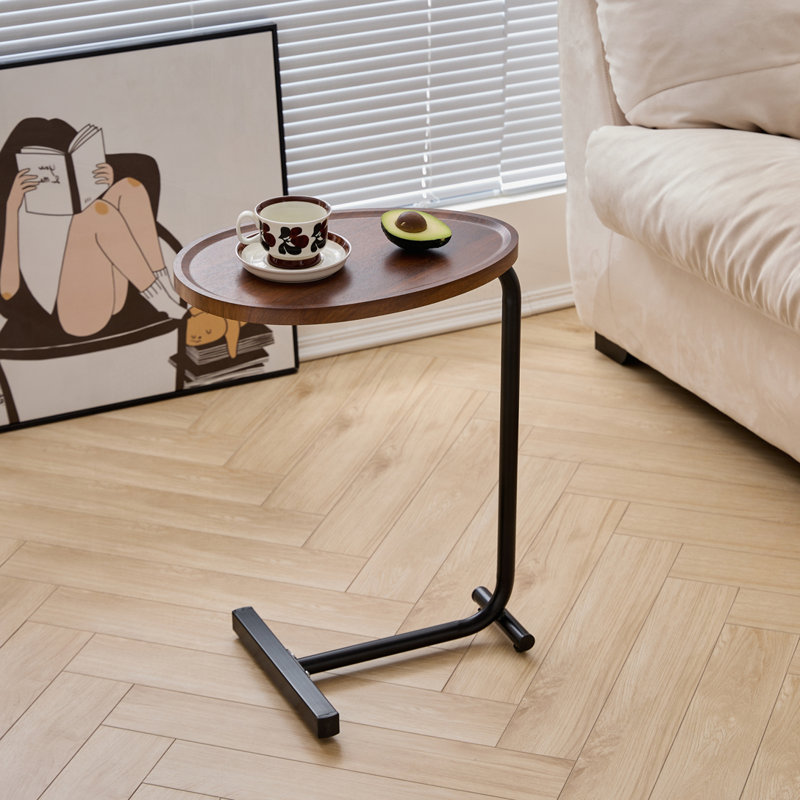 Modern Oval C-Shaped Side Tables with Raised Tray Top and Metal Base(Set of 2), Brown Top/Black Base