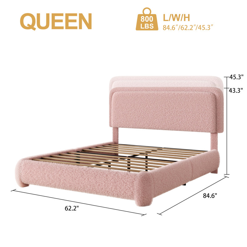 Base de lit plateforme tapissier Boucle avec tête de lit réglable et coins arrondis doux, Grand, Rose