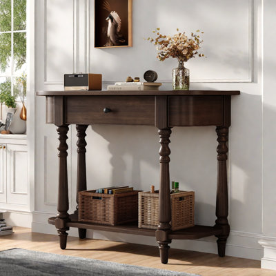 Retro Corner-curved Console Table With A Top Drawer, Open Shelf And Carved Turned Table Legs by Alcott Hill