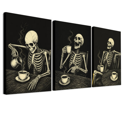 Squelette versant et buvant du café, ensemble de 3 toiles d'Halloween