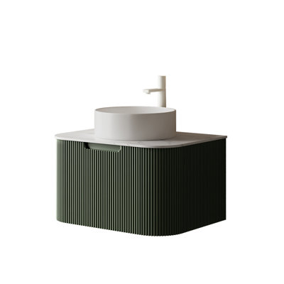Meuble-lavabo suspendu de 76 cm avec tiroir de rangement et lavabo rond en céramique blanche