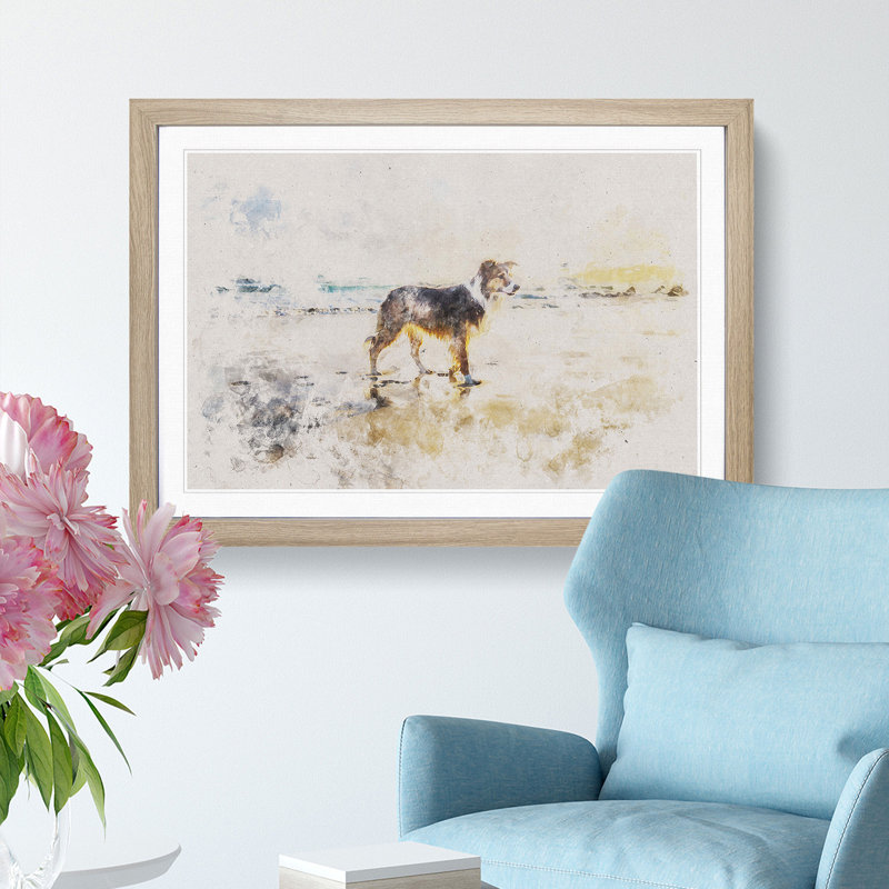 Border Collie Dog at the Beach - Picture Frame Graphic Art Print, 45cm H x 63cm W x 2cm D, Oak Framed